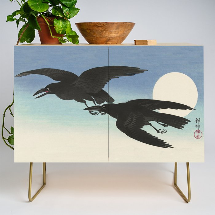 Two Crows mid flight - Vintage Japanese Woodblock Print Art Credenza Gallery Image 1