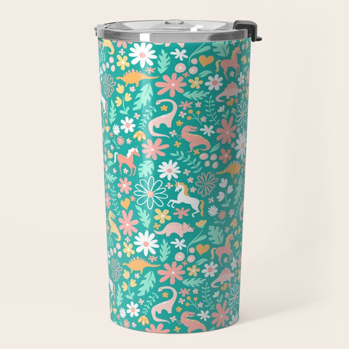 Dinosaurs + Unicorns on Teal Travel Mug Gallery Image 2