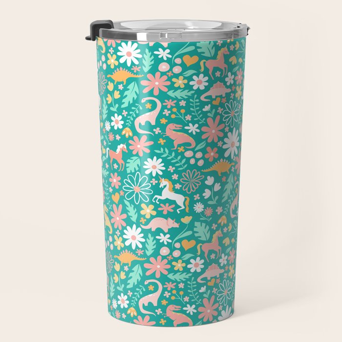 Dinosaurs + Unicorns on Teal Travel Mug Gallery Image 3