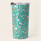 Dinosaurs + Unicorns on Teal Travel Mug Gallery Image 3