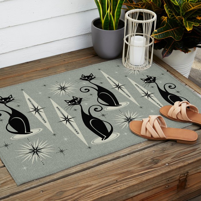 Mid Century Meow Retro Atomic Cats - Gray Outdoor Rug Gallery Image 2