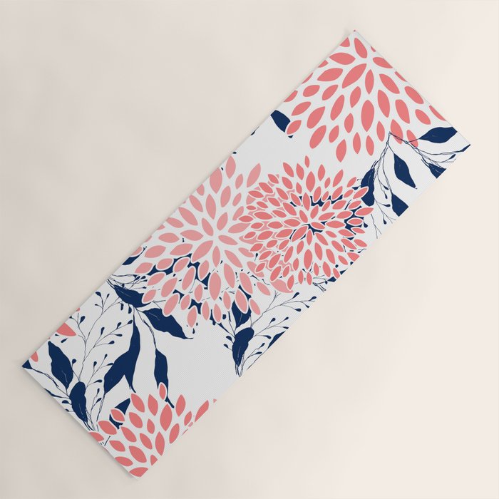 Floral Blooms and Leaves, Navy Blue, Pink and White Yoga Mat Gallery Image 1