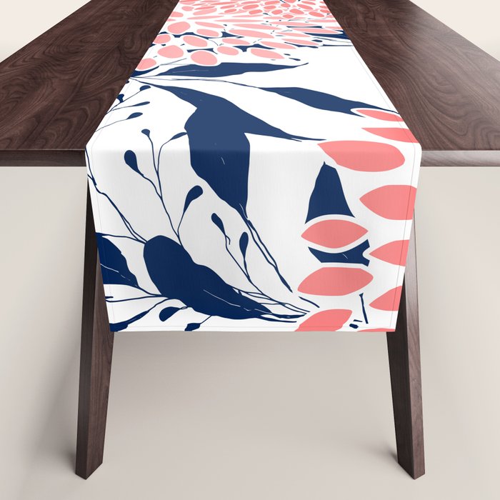 Floral Blooms and Leaves, Navy Blue, Pink and White Table Runner Gallery Image 1