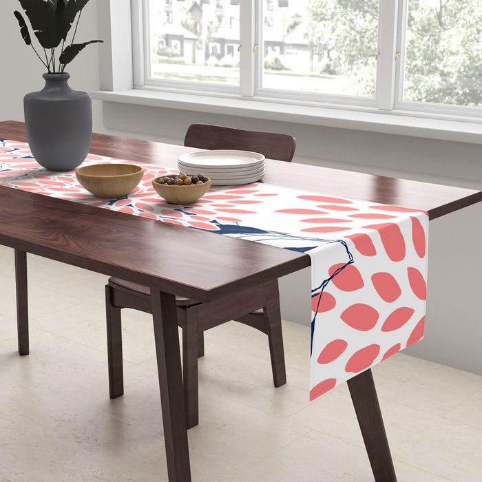 Floral Blooms and Leaves, Navy Blue, Pink and White Table Runner Gallery Image 2