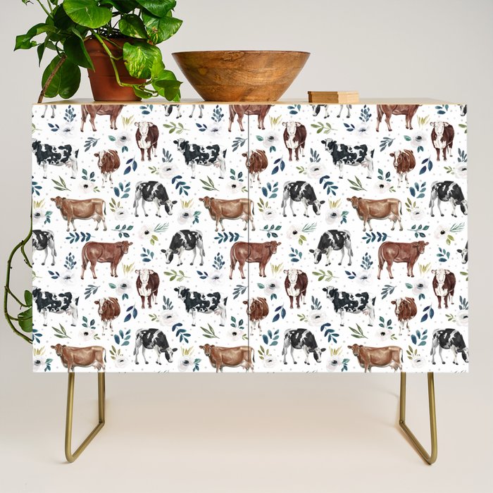 Hand-painted Cows and White Flowers with Blue Accents Credenza Gallery Image 1