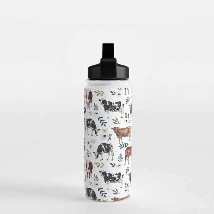 Hand-painted Cows and White Flowers with Blue Accents Water Bottle Gallery Image 2