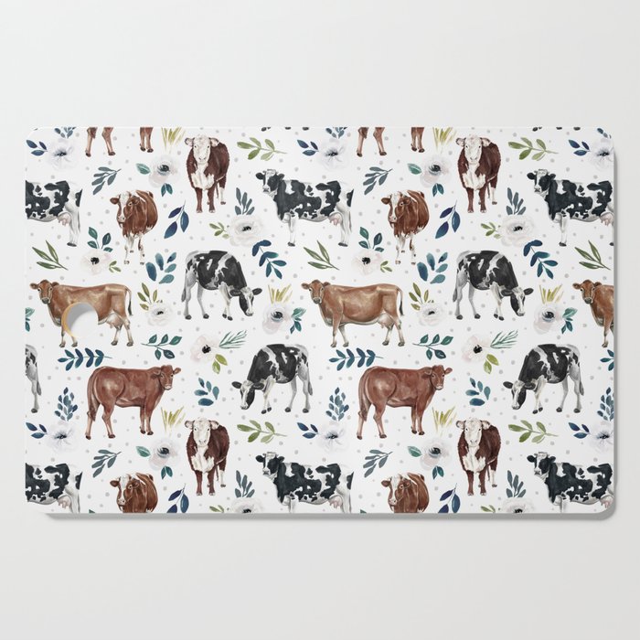 Hand-painted Cows and White Flowers with Blue Accents Cutting Board Gallery Image 1