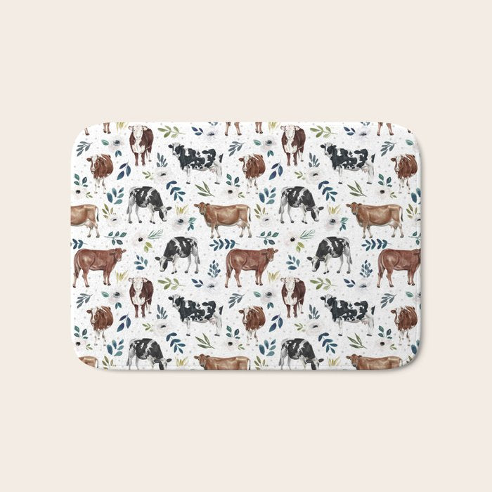 Hand-painted Cows and White Flowers with Blue Accents Bath Mat Gallery Image 1