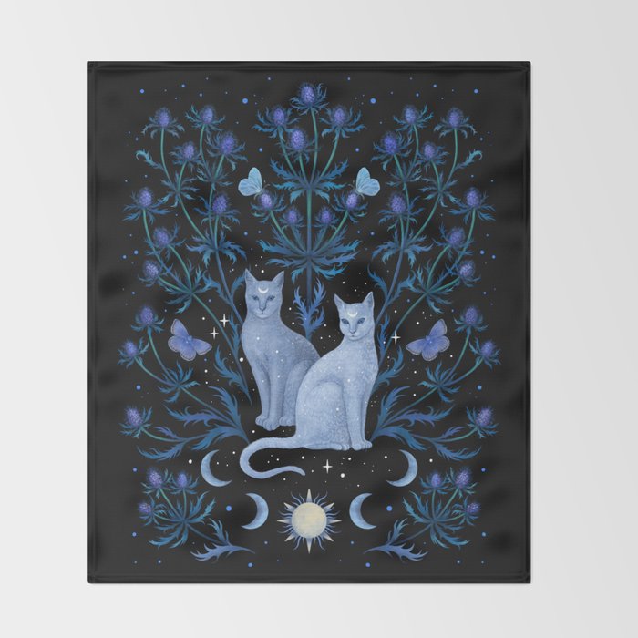 Blue Thistle & Cat Throw Blanket Gallery Image 2