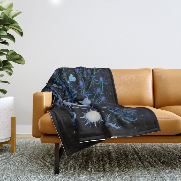 Blue Thistle & Cat Throw Blanket Gallery Image 1