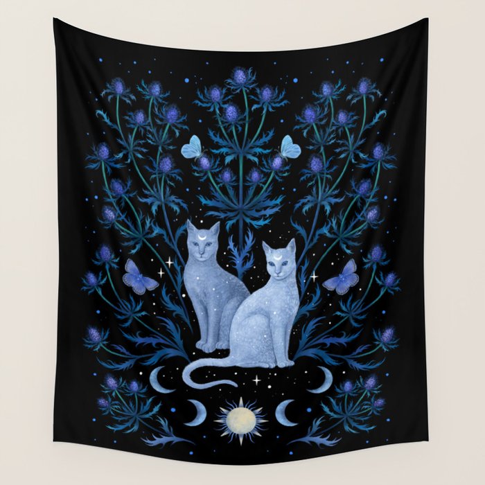 Blue Thistle & Cat Wall Tapestry Gallery Image 1