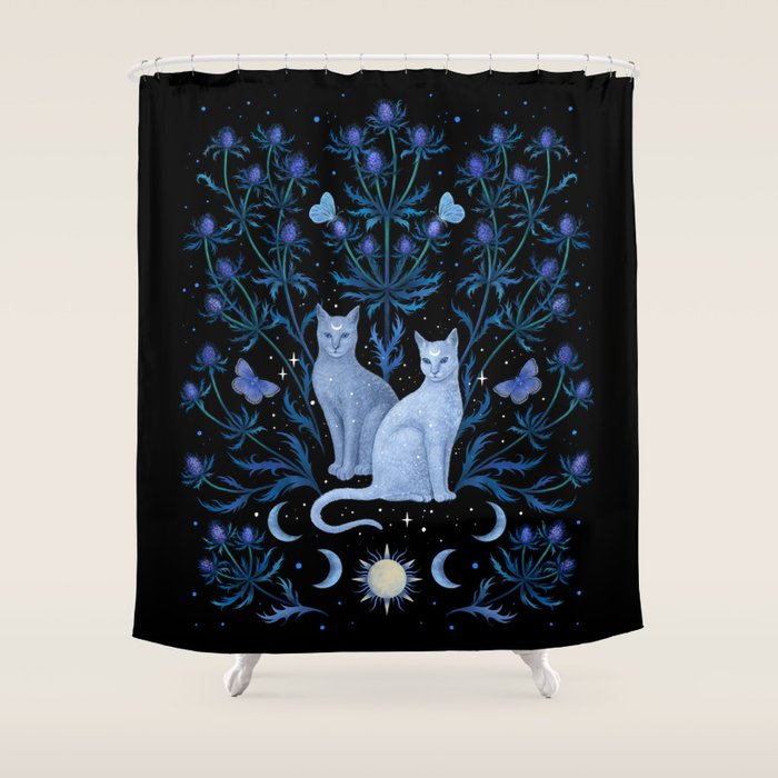 Blue Thistle & Cat Shower Curtain Gallery Image 1