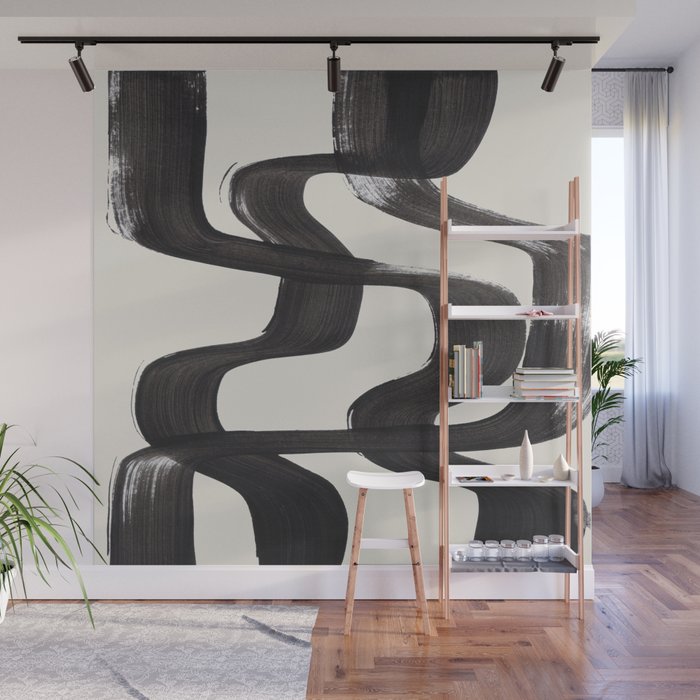 Mid Century Modern Minimalist Abstract Art Brush Strokes Black & White Ink Art Ripple Lines Wall Mural Gallery Image 1