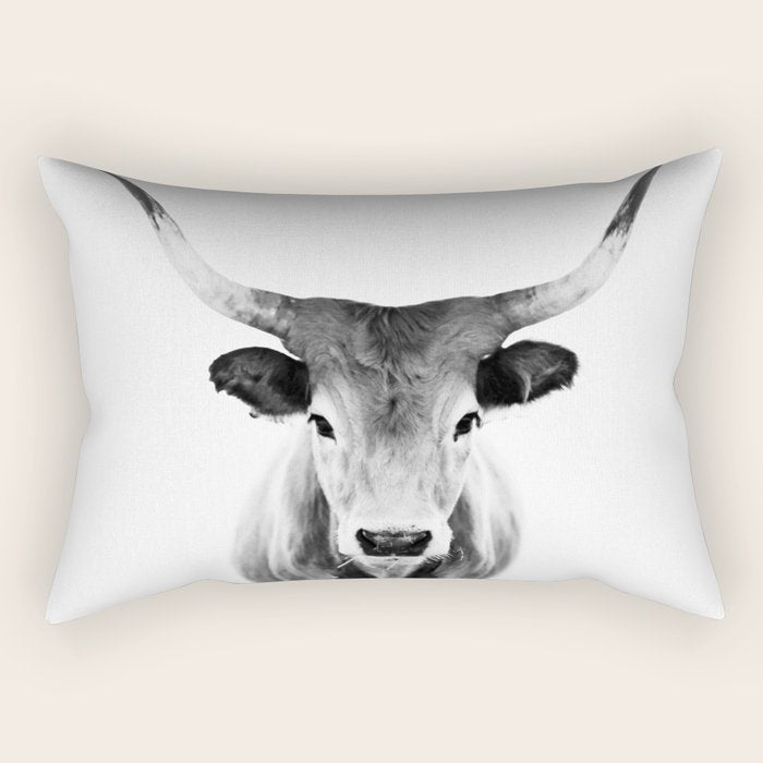 Wild Longhorn Cow Print - Black White Cow Portrait - Animal - Travel photograpy Rectangular Pillow Gallery Image 1