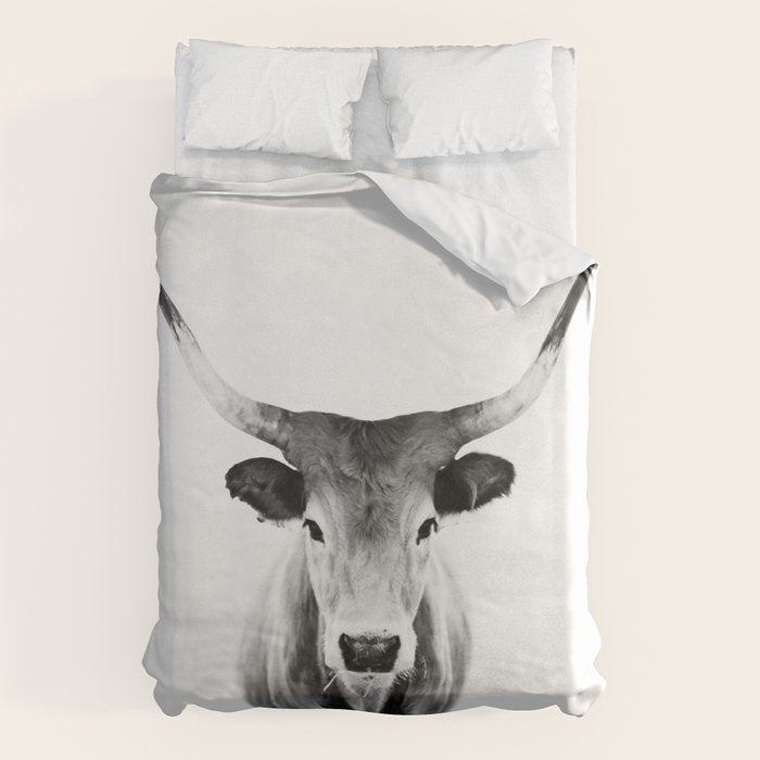 Wild Longhorn Cow Print - Black White Cow Portrait - Animal - Travel photograpy Duvet Cover Gallery Image 1