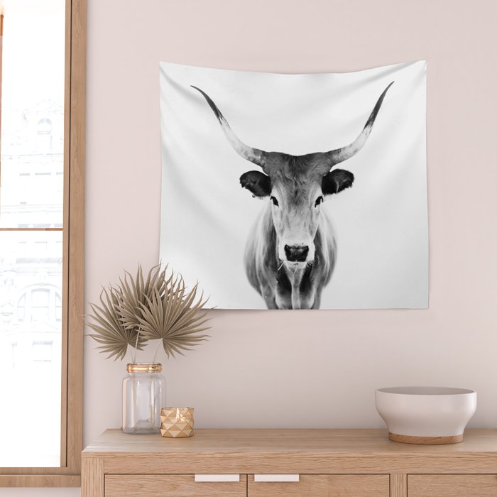 Wild Longhorn Cow Print - Black White Cow Portrait - Animal - Travel photograpy Wall Tapestry Gallery Image 2