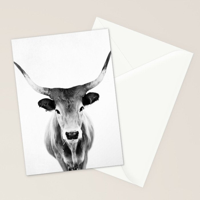 Wild Longhorn Cow Print - Black White Cow Portrait - Animal - Travel photograpy Stationery Card Gallery Image 2