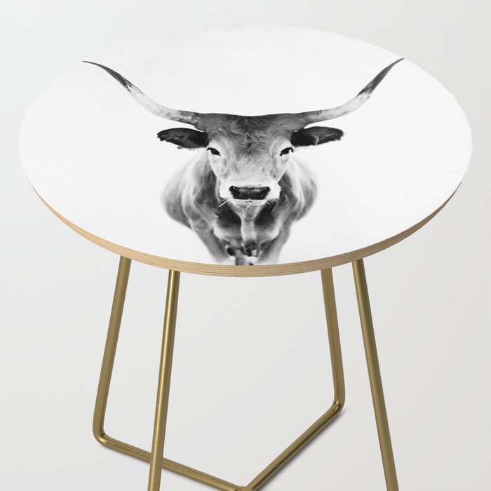 Wild Longhorn Cow Print - Black White Cow Portrait - Animal - Travel photograpy Side Table Gallery Image 2