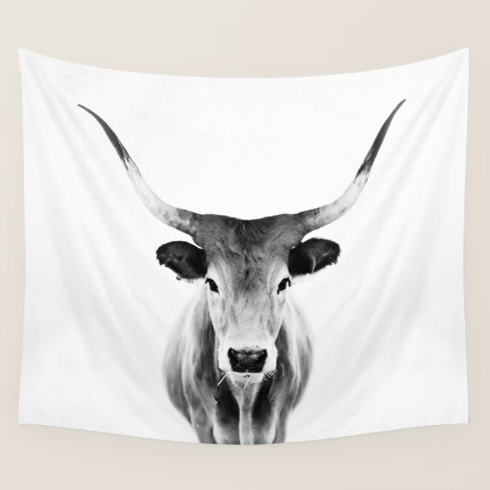 Wild Longhorn Cow Print - Black White Cow Portrait - Animal - Travel photograpy Wall Tapestry Gallery Image 1