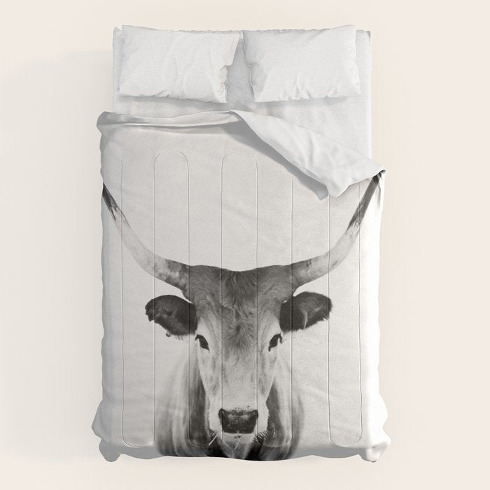 Wild Longhorn Cow Print - Black White Cow Portrait - Animal - Travel photograpy Comforter Gallery Image 1