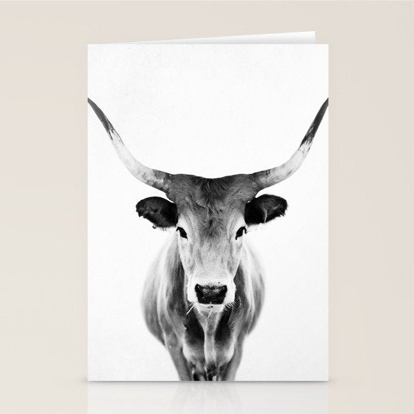 Wild Longhorn Cow Print - Black White Cow Portrait - Animal - Travel photograpy Stationery Card Gallery Image 1