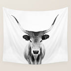 Wild Longhorn Cow Print - Black White Cow Portrait - Animal - Travel photograpy Wall Tapestry Gallery Image 4