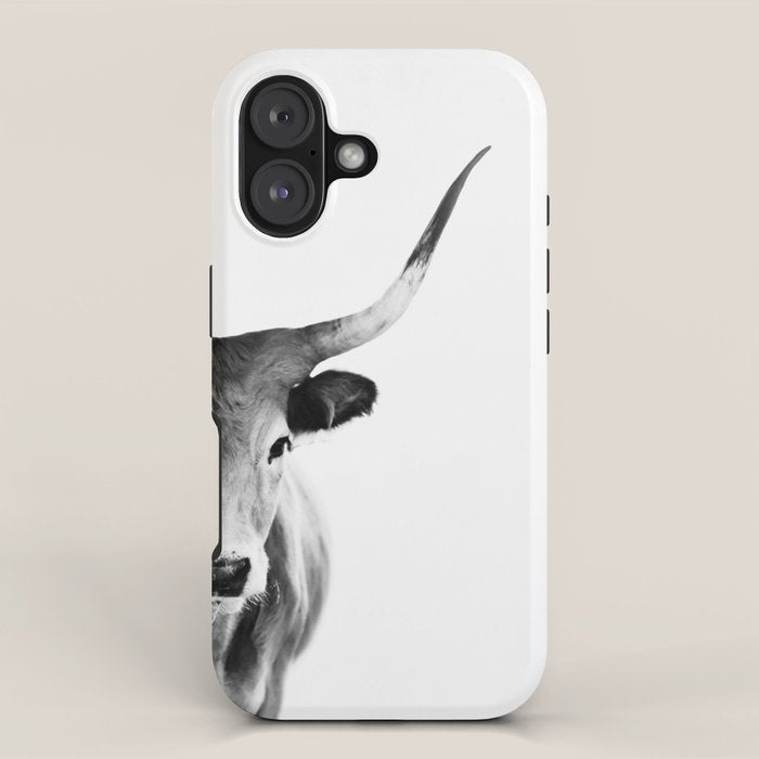 Wild Longhorn Cow Print - Black White Cow Portrait - Animal - Travel photograpy iPhone Case Gallery Image 1