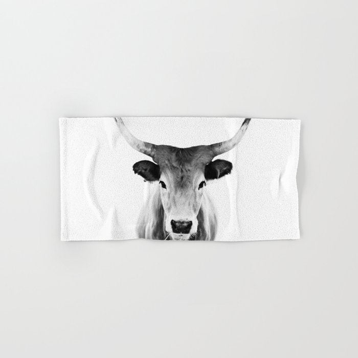Wild Longhorn Cow Print - Black White Cow Portrait - Animal - Travel photograpy Bath Towel Gallery Image 1