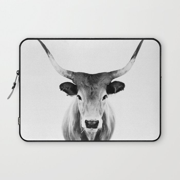 Wild Longhorn Cow Print - Black White Cow Portrait - Animal - Travel photograpy Laptop Sleeve Gallery Image 1