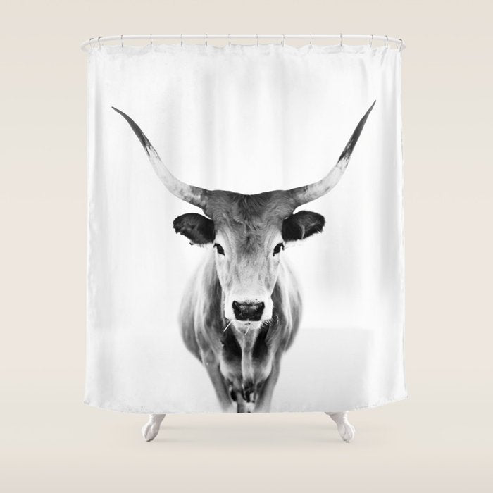 Wild Longhorn Cow Print - Black White Cow Portrait - Animal - Travel photograpy Shower Curtain Gallery Image 1