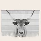 Wild Longhorn Cow Print - Black White Cow Portrait - Animal - Travel photograpy Wall Hanging Gallery Image 1