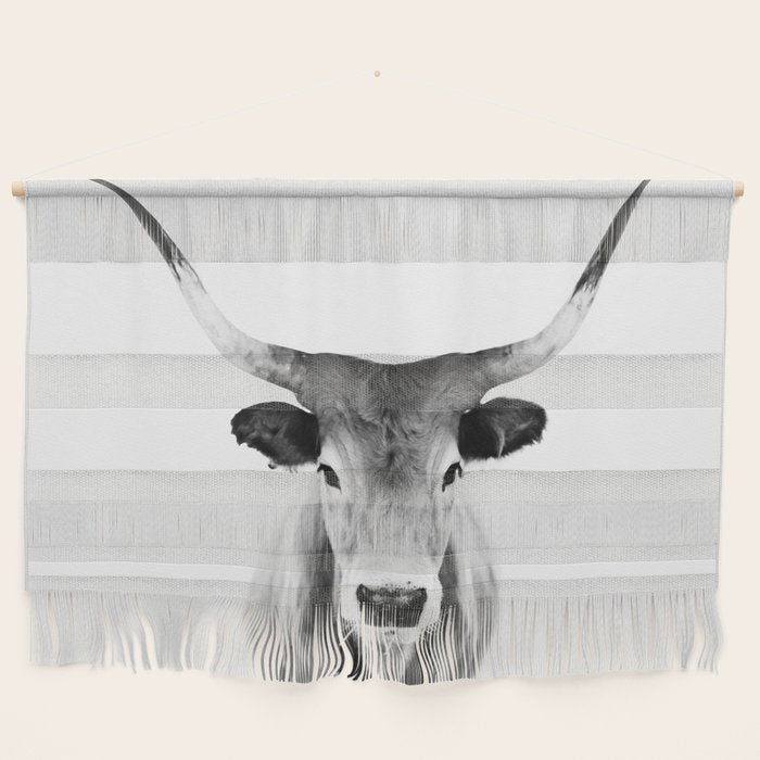 Wild Longhorn Cow Print - Black White Cow Portrait - Animal - Travel photograpy Wall Hanging Gallery Image 1