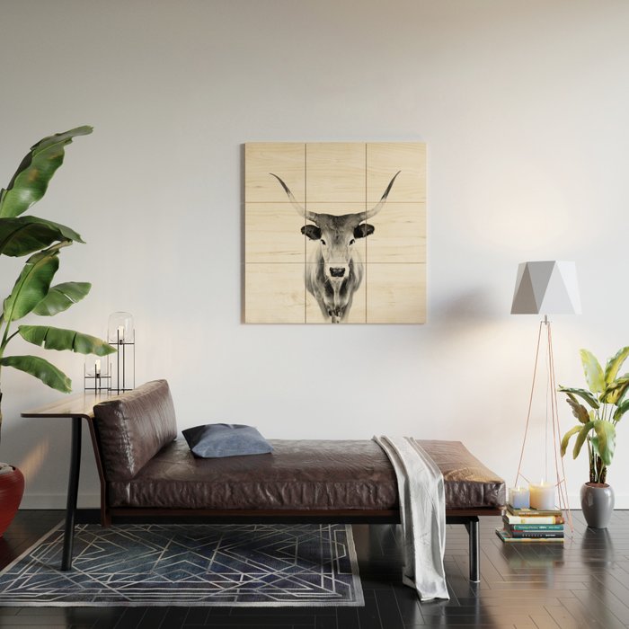 Wild Longhorn Cow Print - Black White Cow Portrait - Animal - Travel photograpy Wood Wall Art Gallery Image 2
