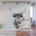 Wild Longhorn Cow Print - Black White Cow Portrait - Animal - Travel photograpy Wall Mural Gallery Image 1