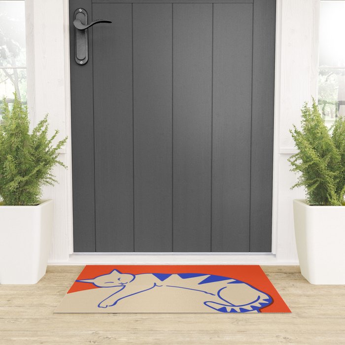 Catalyst, Cat Pets Save The World, Animals Globe Bohemian Eclectic, Cats Sleeping Bold Maximalism, Basic Line Art Drawing Red Illustration Welcome Mat Gallery Image 3