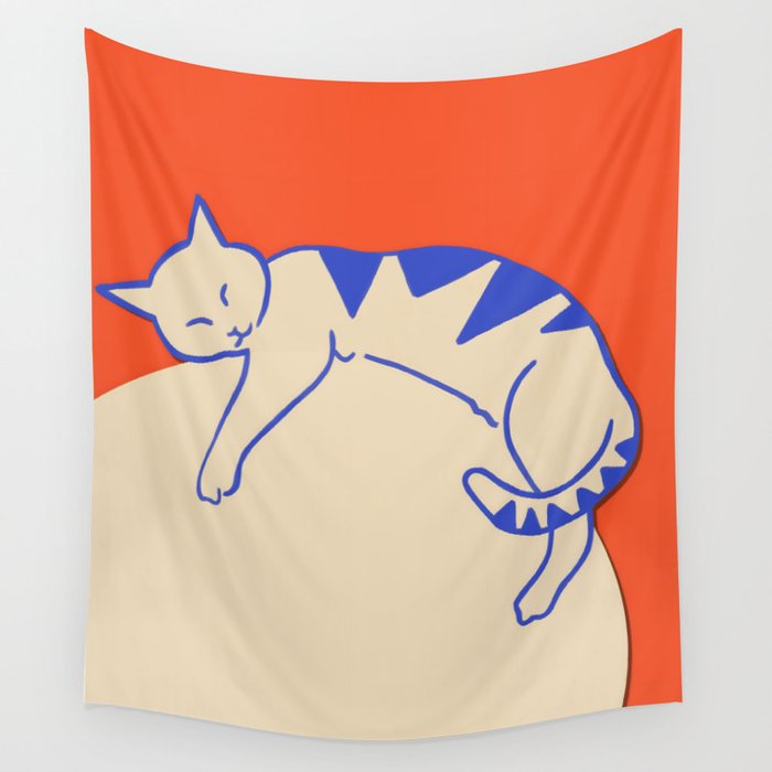 Catalyst, Cat Pets Save The World, Animals Globe Bohemian Eclectic, Cats Sleeping Bold Maximalism, Basic Line Art Drawing Red Illustration Wall Tapestry Gallery Image 1