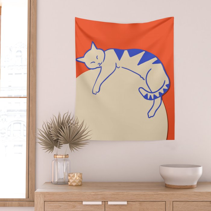 Catalyst, Cat Pets Save The World, Animals Globe Bohemian Eclectic, Cats Sleeping Bold Maximalism, Basic Line Art Drawing Red Illustration Wall Tapestry Gallery Image 2