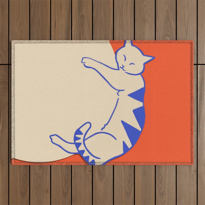 Catalyst, Cat Pets Save The World, Animals Globe Bohemian Eclectic, Cats Sleeping Bold Maximalism, Basic Line Art Drawing Red Illustration Outdoor Rug Gallery Image 1