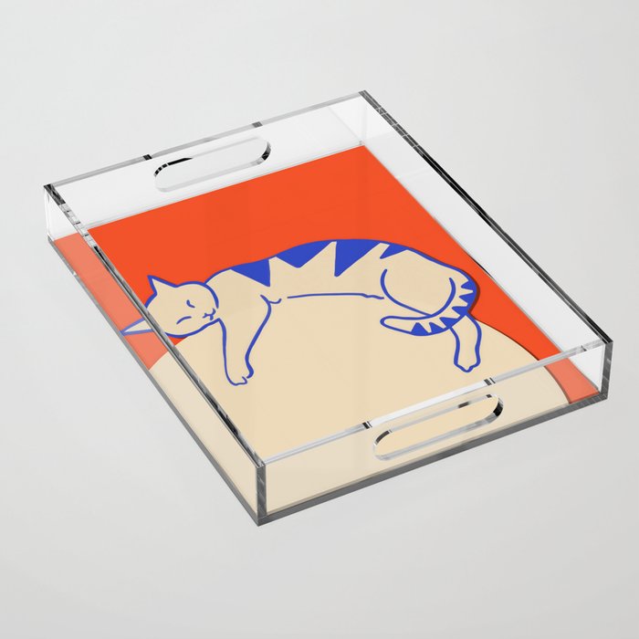 Catalyst, Cat Pets Save The World, Animals Globe Bohemian Eclectic, Cats Sleeping Bold Maximalism, Basic Line Art Drawing Red Illustration Acrylic Tray Gallery Image 1