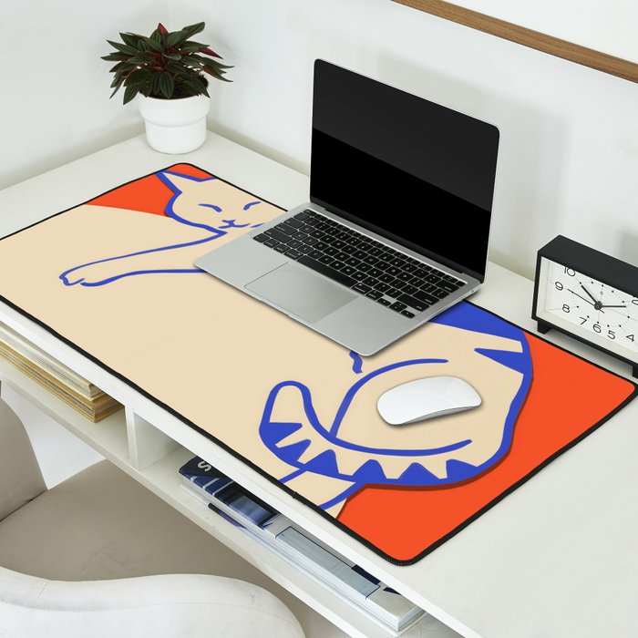 Catalyst, Cat Pets Save The World, Animals Globe Bohemian Eclectic, Cats Sleeping Bold Maximalism, Basic Line Art Drawing Red Illustration Desk Mat Gallery Image 2