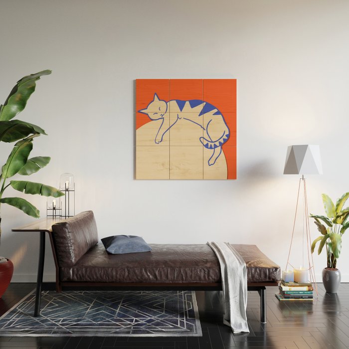 Catalyst, Cat Pets Save The World, Animals Globe Bohemian Eclectic, Cats Sleeping Bold Maximalism, Basic Line Art Drawing Red Illustration Wood Wall Art Gallery Image 2