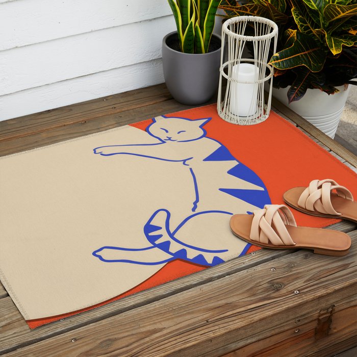 Catalyst, Cat Pets Save The World, Animals Globe Bohemian Eclectic, Cats Sleeping Bold Maximalism, Basic Line Art Drawing Red Illustration Outdoor Rug Gallery Image 2
