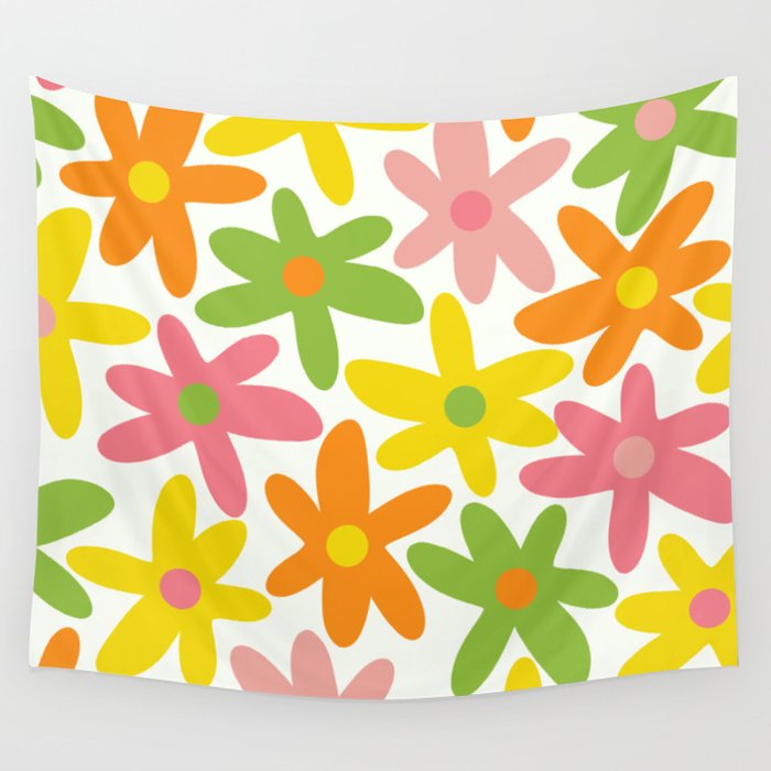 Daisy Time Retro Floral Pattern Green Pink Orange Yellow Wall Tapestry Gallery Image 1
