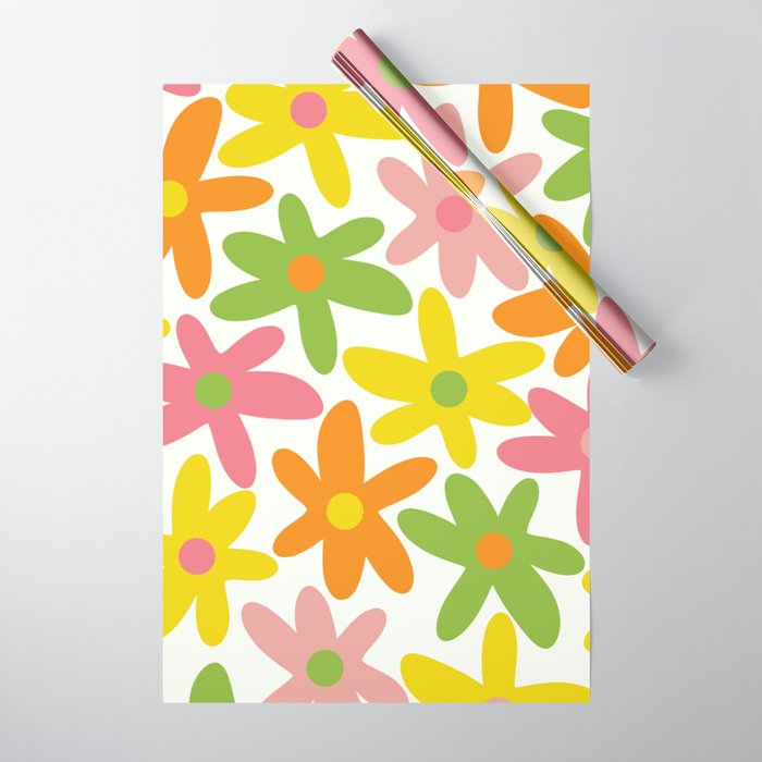 Daisy Time Retro Floral Pattern Green Pink Orange Yellow Wrapping Paper Gallery Image 1