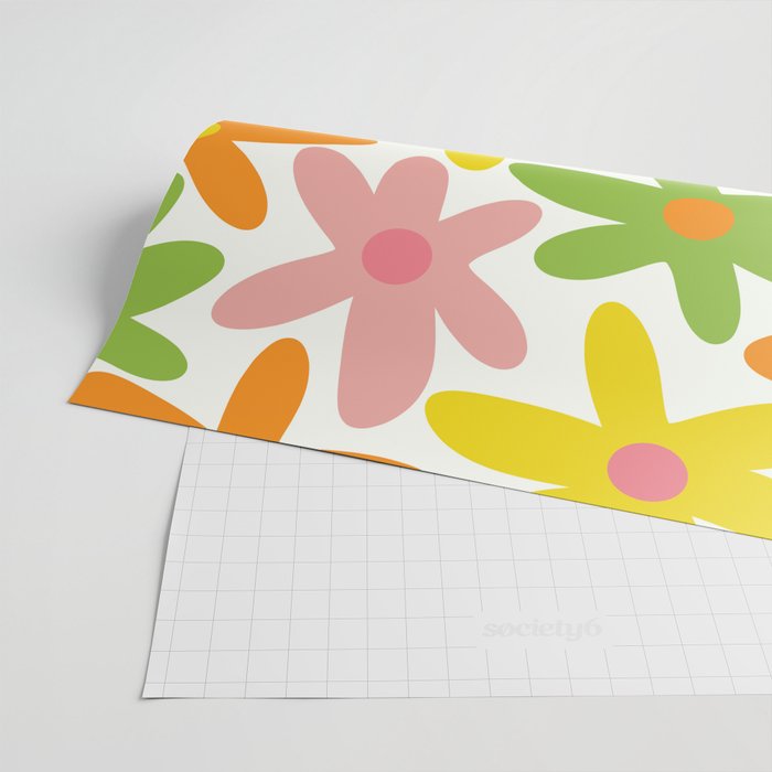 Daisy Time Retro Floral Pattern Green Pink Orange Yellow Wrapping Paper Gallery Image 2