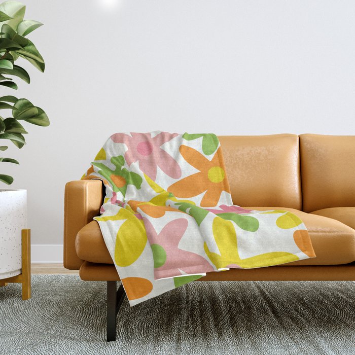 Daisy Time Retro Floral Pattern Green Pink Orange Yellow Throw Blanket Gallery Image 1