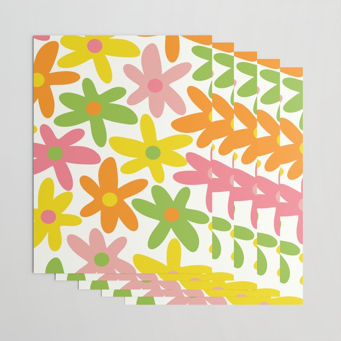 Daisy Time Retro Floral Pattern Green Pink Orange Yellow Wrapping Paper Gallery Image 3