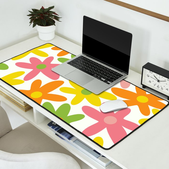 Daisy Time Retro Floral Pattern Green Pink Orange Yellow Desk Mat Gallery Image 2