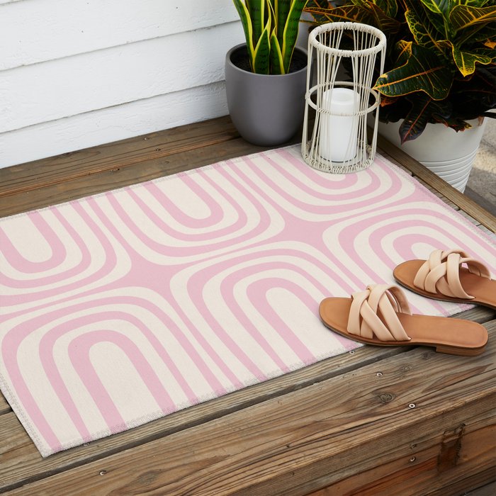 Midcentury Modern Confaab Abstract Pattern in Baby Pink and Cream Outdoor Rug Gallery Image 2