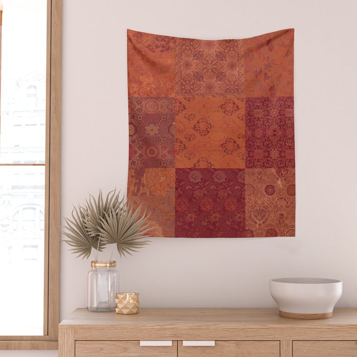 Vintage Bohemian Quilt in Burnt Orange Wall Tapestry Gallery Image 2